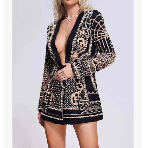 French Beaded Decor Mid Length Blazer Jacket - Picture 4 of 14